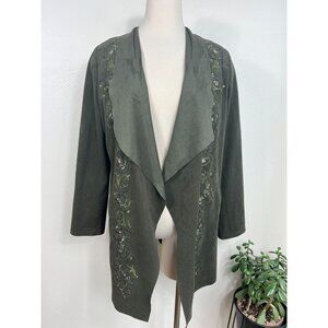 Chico's Womens Green Faux Suede Embroidered‎ Open Front Cardigan